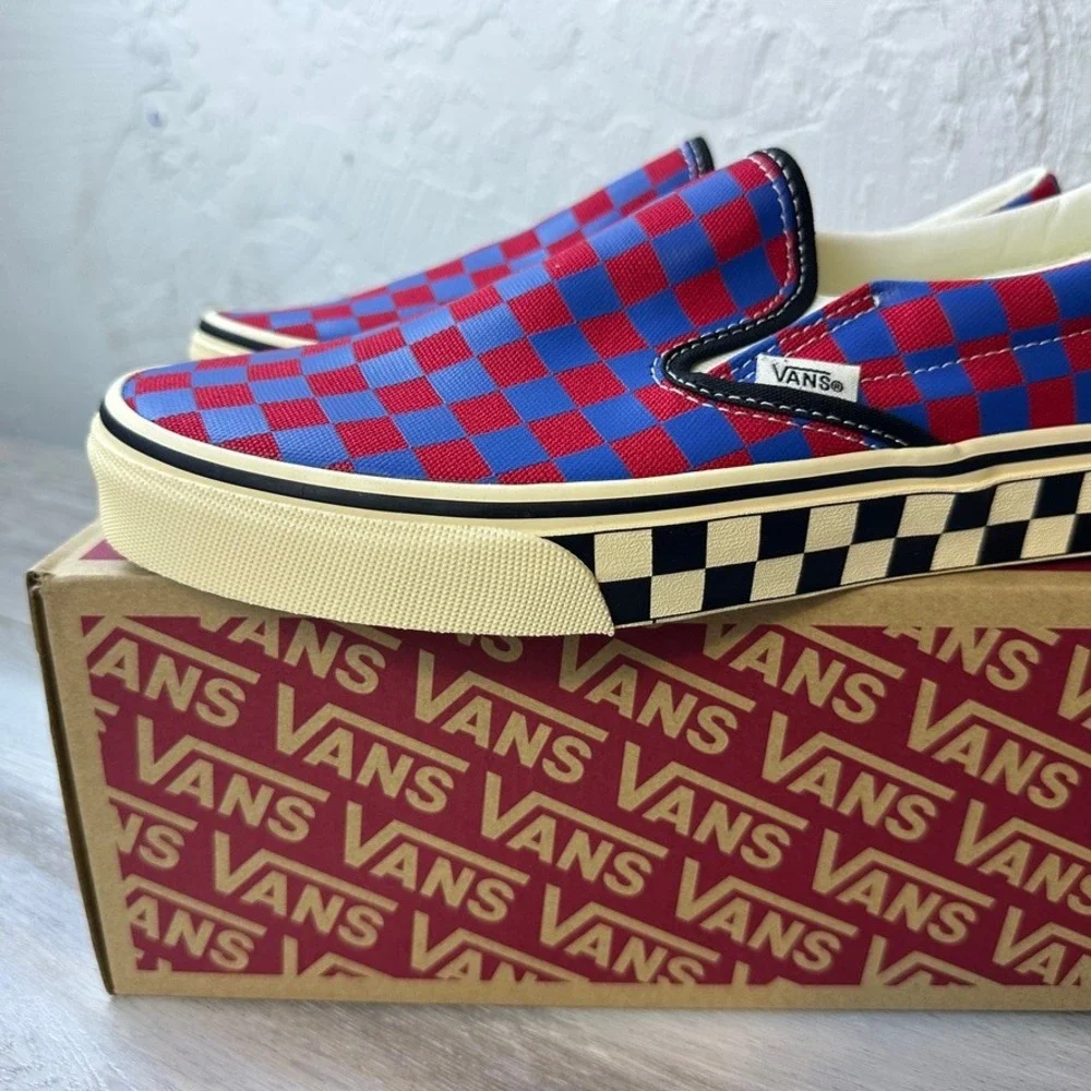 Vans Classic Slip-On Shoes Mens Size 8 Red Blue Canvas Checkerboard Skater NEW